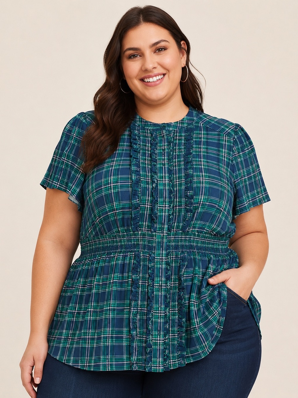 Torrid Plaid Ruffle Front Babydoll Blouse Womens 00 (10 M/L)Green Cottagecore